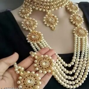 premium pearl & stone studded bridal jewellery set elegant gold plated necklace with earrings & maang tikka