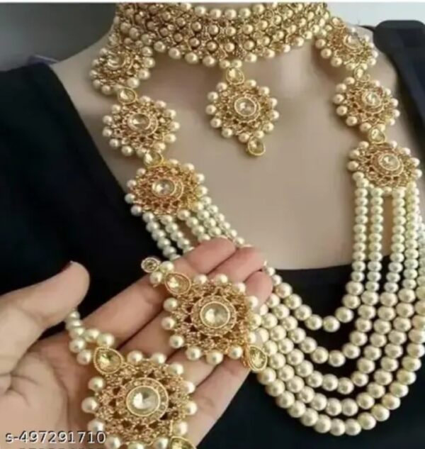 premium pearl & stone studded bridal jewellery set elegant gold plated necklace with earrings & maang tikka